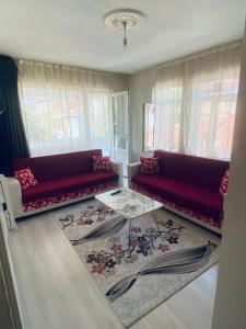a living room with two red couches and a table at TANER PANSiYON in Edirne