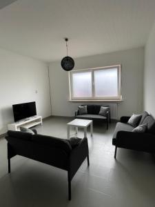 uma sala de estar com dois sofás e uma televisão em Maison Pétria em Fontaine-lʼÉvêque