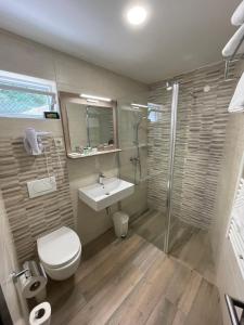a bathroom with a toilet and a sink and a shower at Hotel Stanger in Lovran
