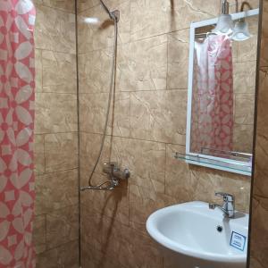 bagno con lavandino e doccia con specchio di Magdan house a Tskhaltubo