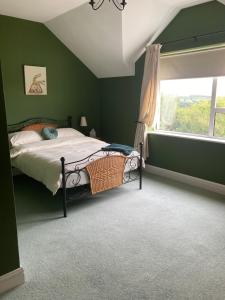 1 dormitorio con paredes verdes y 1 cama con ventana en Millfarm House, en Killybegs