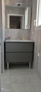 a bathroom with a sink and a mirror at chambre au pied de la forêt in Onesse-et-Laharie