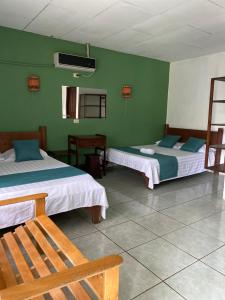 two beds in a room with green walls at Hotel Coyote Costa Rica in San Francisco