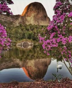 a painting of a mountain with pink flowers and a lake at LUZ DO LUAR in Pedra Azul