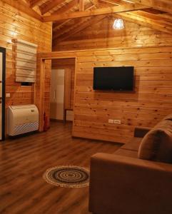 a living room with a flat screen tv on a wooden wall at Bujtina SIAR in Pogradec