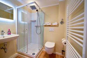 a bathroom with a shower and a toilet and a sink at Haus Horizont H511 in Cuxhaven +17 photos