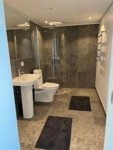 a bathroom with a sink and a toilet and a shower at Elme apartment in Växjö