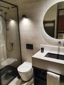a bathroom with a toilet and a sink and a mirror at Lastarria Hotel in Santiago