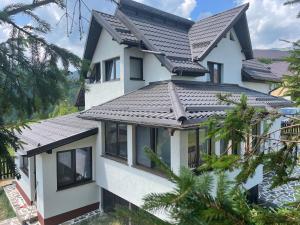 a white house with a gray roof at Vila Panoramic Pestera in Peştera