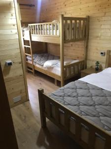 a bedroom with two bunk beds in a cabin at Guesthouse Demushi in Valbonë