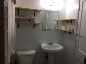 een badkamer met een wastafel, een toilet en een spiegel bij Dunsmuir Lodge in Dunsmuir