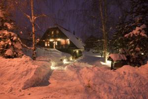 a house covered in snow at night with lights at Villa Đurić Superior in Zlatibor