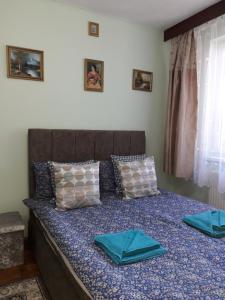 a bed with blue pillows on it in a bedroom at Cozy, central 1-bedroom apartment in Timisoara, Romania in Timişoara