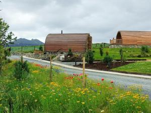 una strada con un campo di fiori e edifici di Tollymore Luxury Log Cabin a Kilcoo