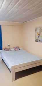 a bedroom with a bed with blue sheets at Wiolinkowo in Sarnaki