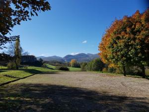 a large field with trees and mountains in the background at GITES des FLANDAINES in Saint-Jean-en-Royans