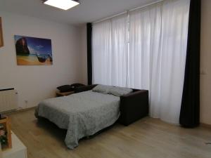 ein Schlafzimmer mit einem Bett und einem großen Fenster in der Unterkunft Apartamento Torre de Hércules in A Coruña