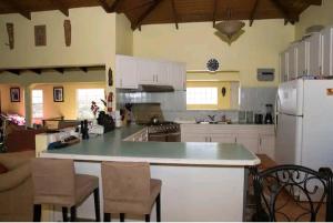 a large kitchen with a counter and a refrigerator at Altare - Breezy with a View in Grand Anse