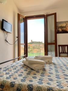 1 dormitorio con 1 cama con 2 almohadas en La finestra sul Castello, en Bosa