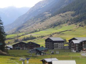 eine Gruppe von Gebäuden auf einem Feld mit einem Berg in der Unterkunft Mercier in Lanslevillard