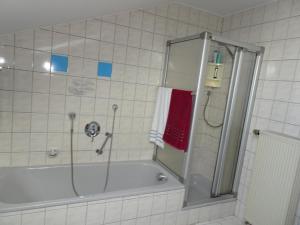 a bathroom with a shower and a bath tub at Ferienwohnungen Anna Geißinger in Mauth +20 photos