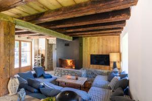 ein Wohnzimmer mit blauen Sofas und einem Kamin in der Unterkunft La grange de l'Adour in Campan