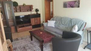 ein Wohnzimmer mit einem Sofa und einem TV in der Unterkunft Ferienwohnung Uenglingen in Stendal