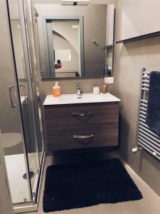 貝內文托的住宿－Modern city center apartment，浴室配有盥洗盆和带镜子的淋浴