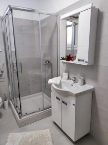 een witte badkamer met een douche en een wastafel bij Lago d'argento sobe in Veliko Gradište