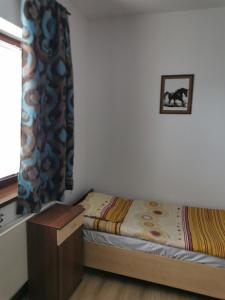 Habitación pequeña con cama y ventana en Noclegi Piotrków Tryb, en Piotrków Trybunalski
