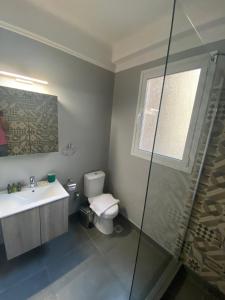 a bathroom with a toilet and a sink and a shower at Theo Appartement Athen in Athens