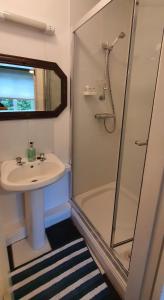 a small bathroom with a sink and a shower at Galway City Lovely 2 Bed Apartment in Galway