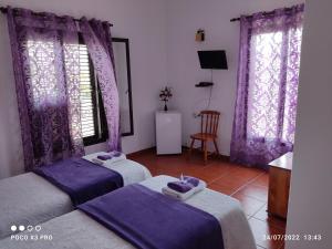 twee bedden in een kamer met paarse gordijnen bij Numero28,Casa Tilama in Uga