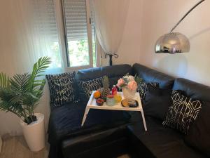 salon z czarną skórzaną kanapą ze stołem w obiekcie LUXURY room en MADRID w Madrycie +37 zdjęć