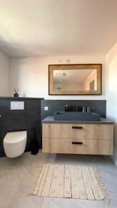 een badkamer met een wastafel, een toilet en een spiegel bij CASA CASSAI - Casa Milo in Meiningen