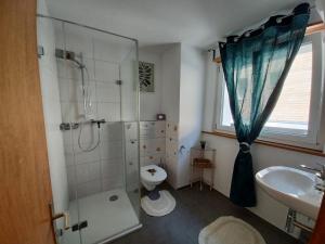 uma casa de banho com um chuveiro, um WC e um lavatório. em L'ANGOLO DEI SAPORI em Rueun