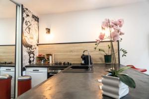 een keuken met een wastafel en een vaas met bloemen op een aanrecht bij Duplex Street-Art Centre-Ville Netflix Disney by Rentabao in Avignon