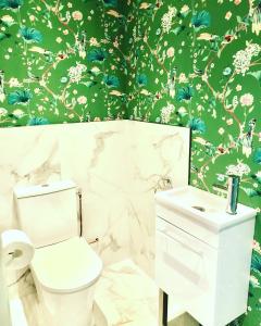 a bathroom with a toilet and a green wall at L'Hotel de Hercé Chambre d'Hote in Mayenne +18 photos