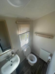 La salle de bains est pourvue de toilettes, d'un lavabo et d'une fenêtre. dans l'établissement Two Bedroom Willerby Parkhome in Uddingston, Glasgow, à Uddingston