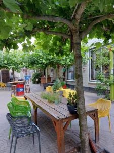 a wooden table and chairs under a tree at Simplon Hostel in Groningen
