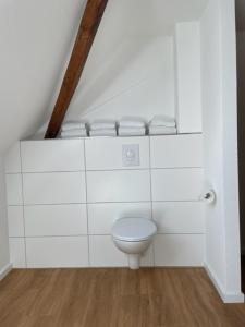 a bathroom with a toilet with white tiles at Landhaus Lindenbusch in Weseke