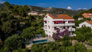 an aerial view of a house with a swimming pool at Apartments Padovan in Rab