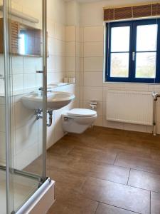 La salle de bains est pourvue de toilettes et d'un lavabo. dans l'établissement 4-Raum Apartment bis 8 Pers 43, à Rankwitz