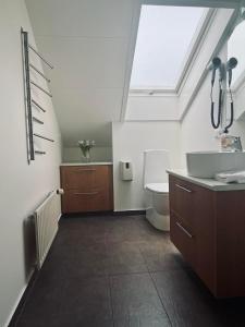a bathroom with a sink and a toilet and a window at G10 Apartments in Akureyri