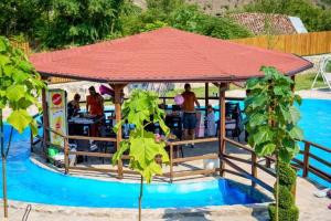einen Pavillon mit rotem Dach neben einem Pool in der Unterkunft Vila Nika in Veles