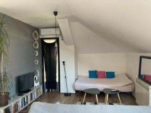 una camera da letto con un letto e una TV in una stanza di Stan na dan Loznica a Loznica