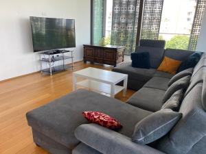 sala de estar con sofá y TV en TiliaStay en Liubliana
