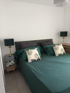 a bedroom with a green bed with two lamps at Superbe appartement et Parking proche du Centre du Monde in Perpignan