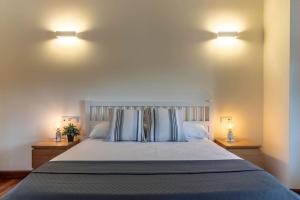 a bedroom with a large bed with blue pillows at Caserío entre Bilbao y Urdaibai in Morga