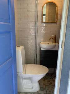 een badkamer met een toilet en een wastafel bij Bogärdan, cozy cabin by the Luleå River in Harads